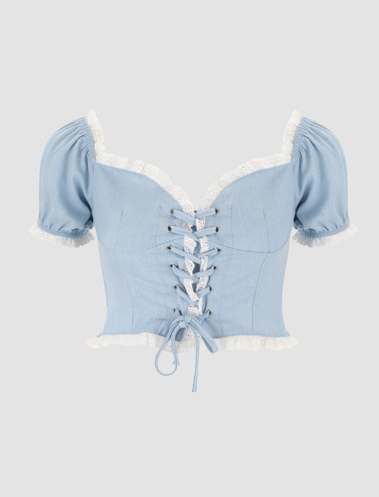 Blue Hollow Lace Denim Crop Top