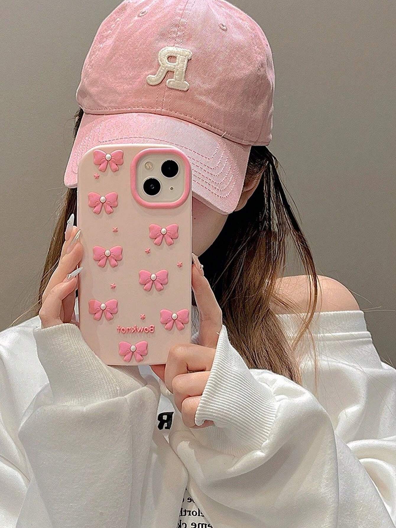 Combo Of Pink Floral Bow Tie Frame IPhone Cover With Charger Protector