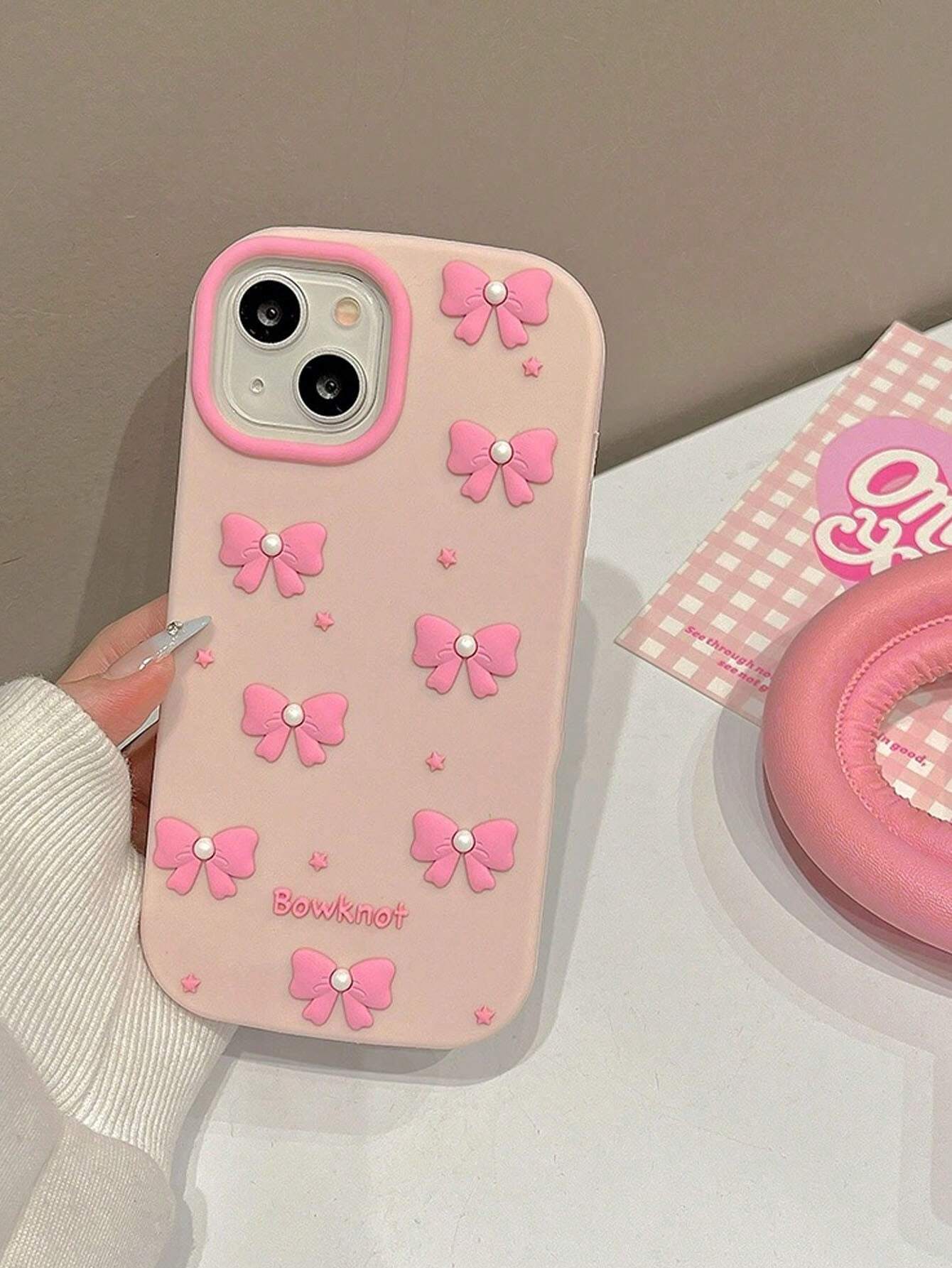 Combo Of Pink Floral Bow Tie Frame IPhone Cover With Charger Protector