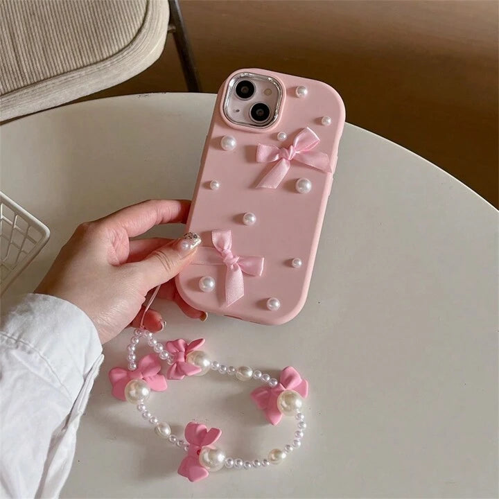 Combo Of Pink Floral Bow Tie Frame IPhone Cover With Charger Protector