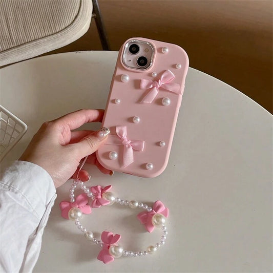 Combo Of Pink Floral Bow Tie Frame IPhone Cover With Charger Protector