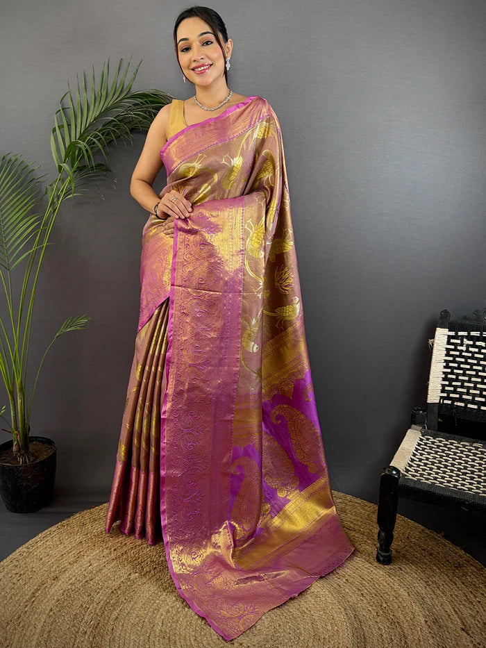 Light Wine Dharmavaram Gold Birds Print Saree