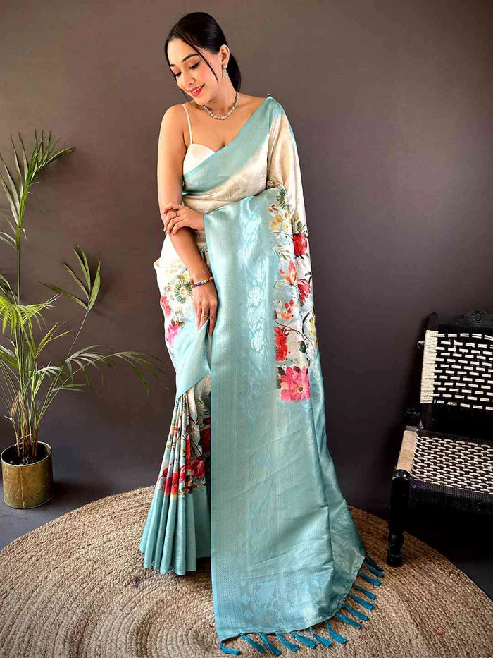 Ivory Kanjivaram Digital Silk Saree