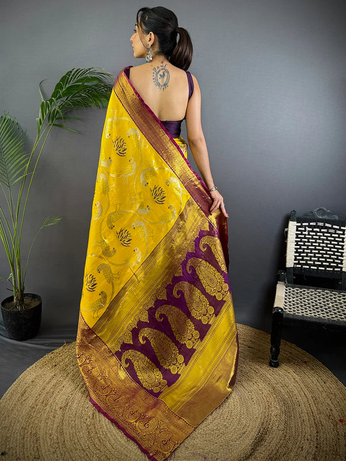 Yellow Dharmavaram Gold Birds Print Saree