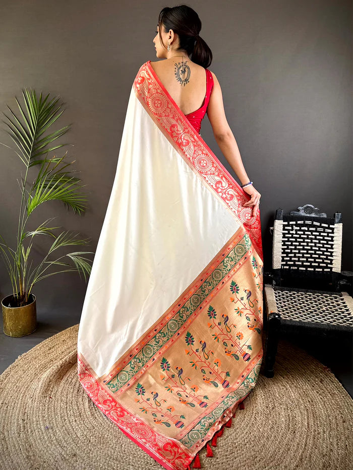 White Soft Silk Yevla Pathani Saree