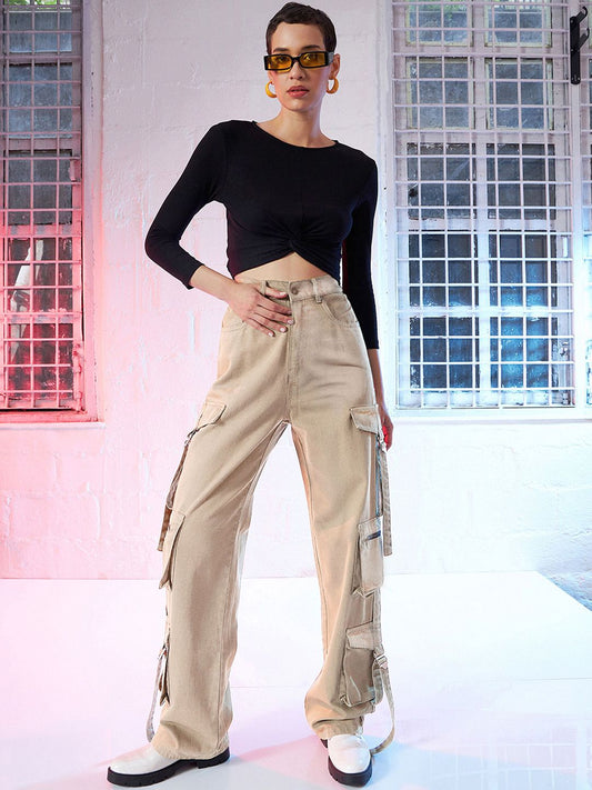 Women Beige Straight Fit High-Rise Acid Wash Pure Cotton Cargo Jeans