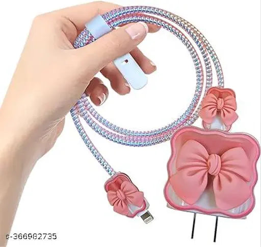 Combo Of Pink Floral Bow Tie Frame IPhone Cover With Charger Protector