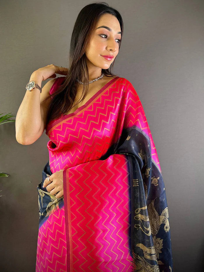Red Heritage Weave Kalamkari Soft Silk Saree