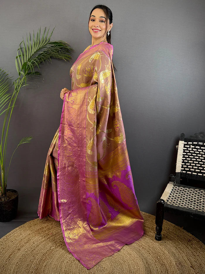 Light Wine Dharmavaram Gold Birds Print Saree