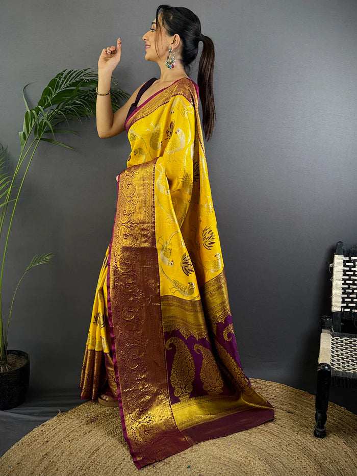 Yellow Dharmavaram Gold Birds Print Saree