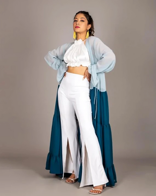 Women's Long Shrug Cardigan, Ombre Blue Design, Full Length with Ruffle Hem