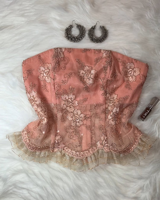 Blush Pink Floral Mesh Strapless Corset Top