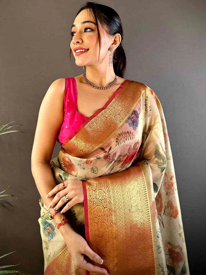 Baby Pink Floral Gold Zari Tissue Saree