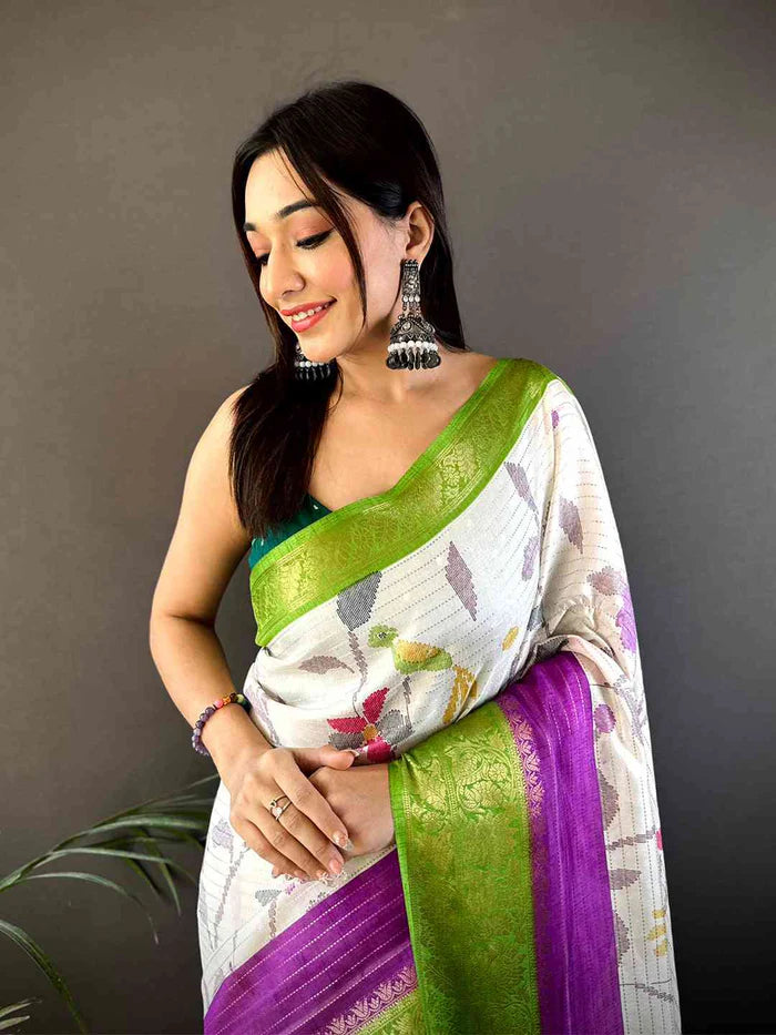 Elegant Birdsong Dola Silk Saree