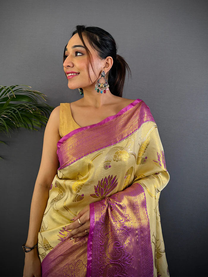 Yellow Dharmavaram Gold Birds Print Saree