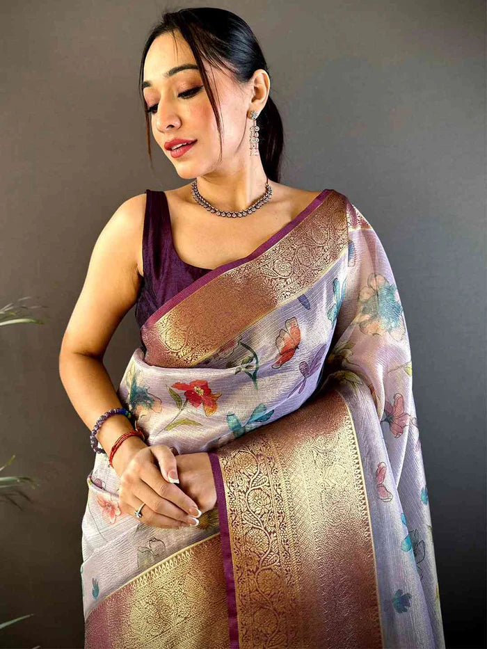 Baby Pink Floral Gold Zari Tissue Saree