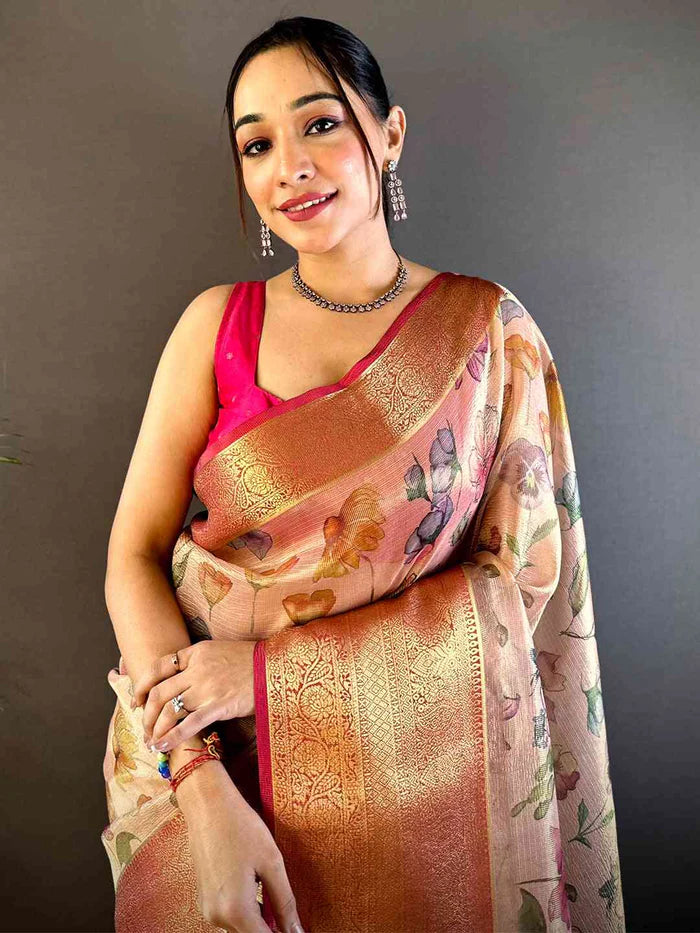 Baby Pink Floral Gold Zari Tissue Saree