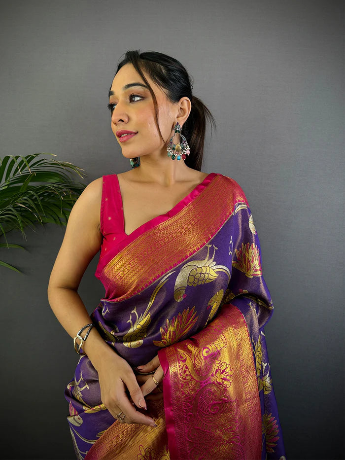 Yellow Dharmavaram Gold Birds Print Saree