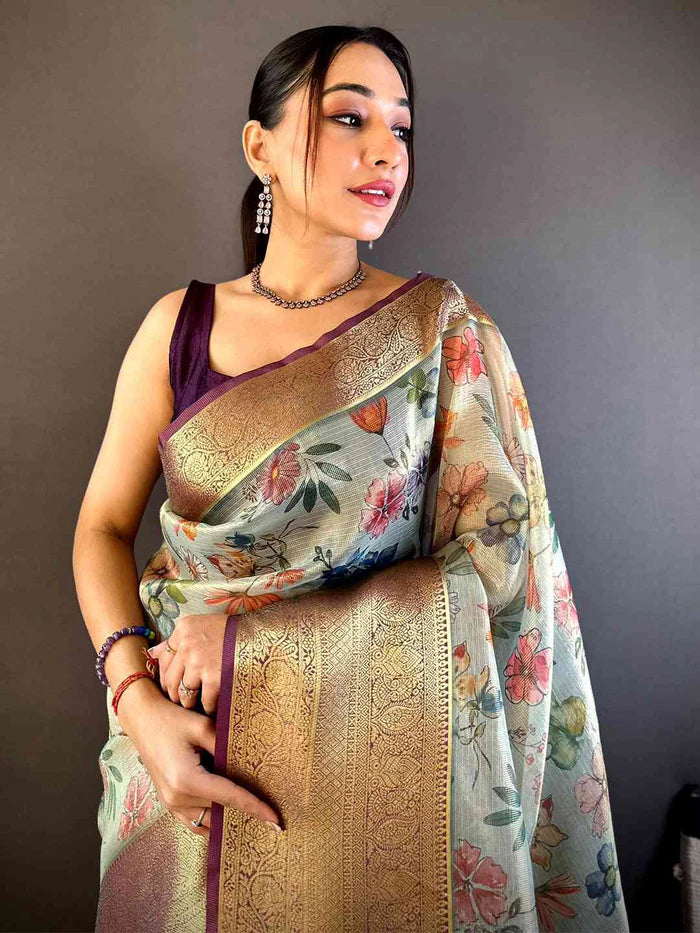 Baby Pink Floral Gold Zari Tissue Saree