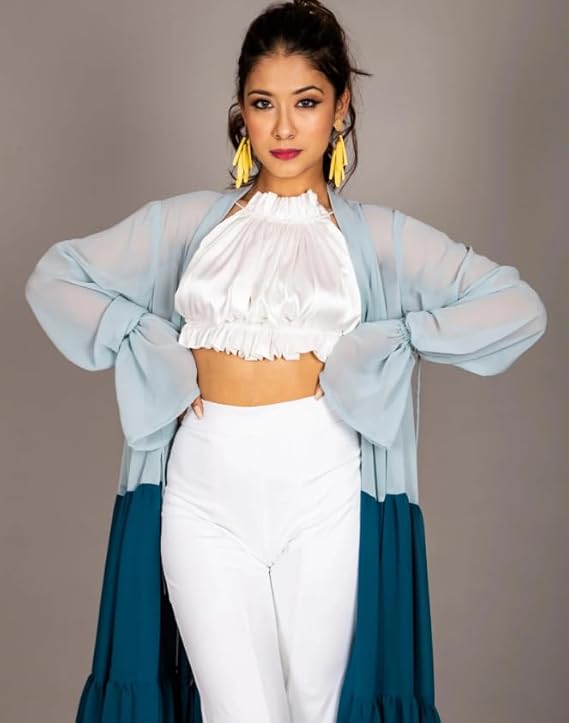Women's Long Shrug Cardigan, Ombre Blue Design, Full Length with Ruffle Hem