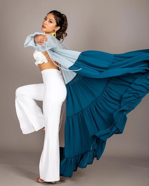 Women's Long Shrug Cardigan, Ombre Blue Design, Full Length with Ruffle Hem