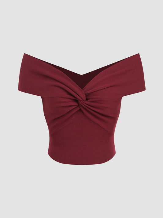 Knit Off Shoulder Solid Twist Short Sleeve Top