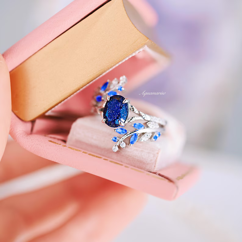 Starry Night & Sapphire Leaf Engagement Ring