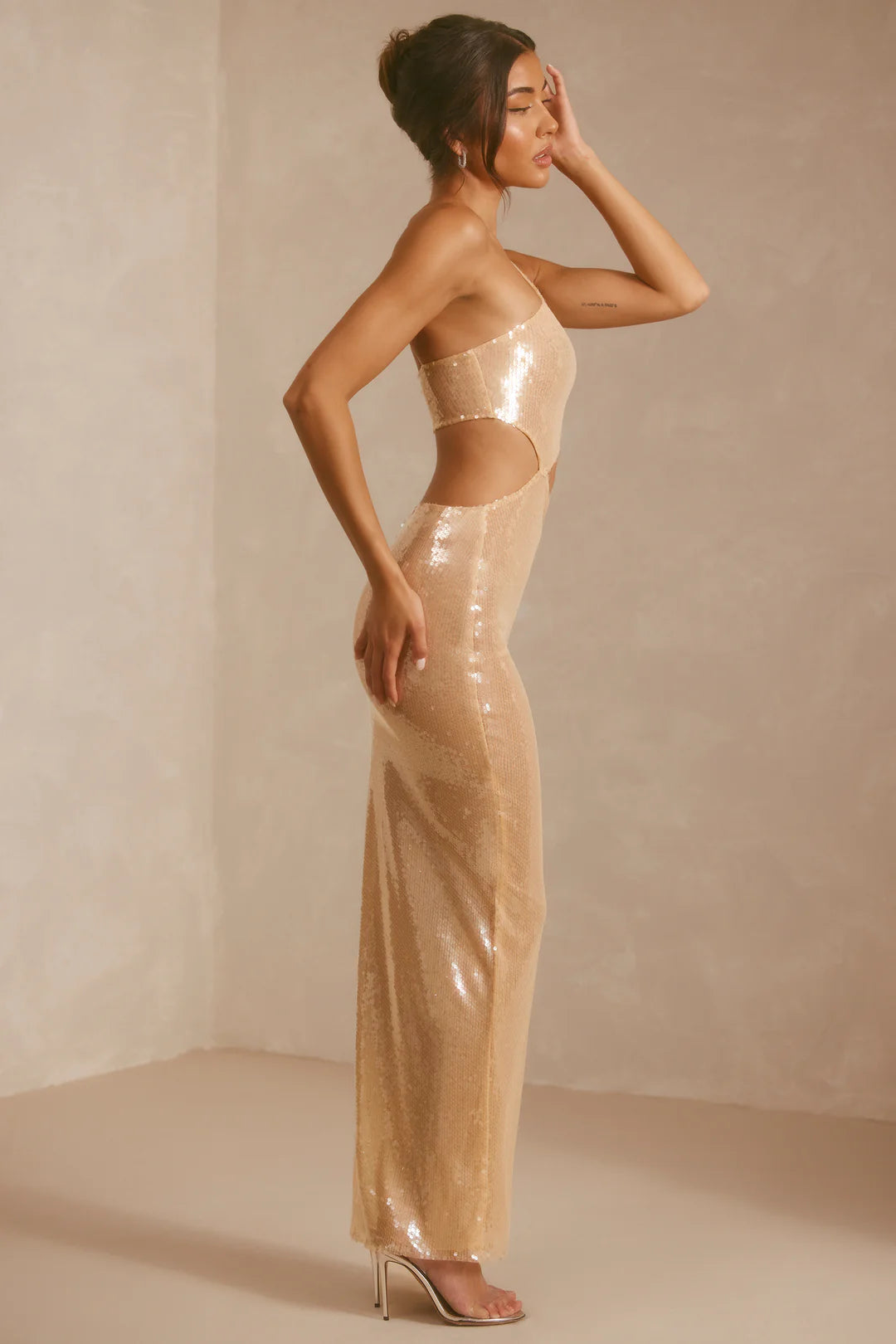Sheer Sequin One Shoulder Cut Out Maxi Dress