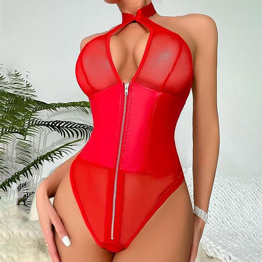 Women Sexy Lingerie Hollow Out Neck Bow Tie Fun Suspender Neck Panel