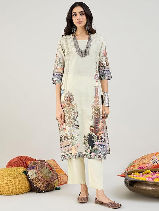 Indo Era Women's Silk Blend Printed Straight Kurta with Pant & Dupatta