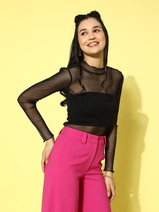 Black Shimmer High Neck Net Top