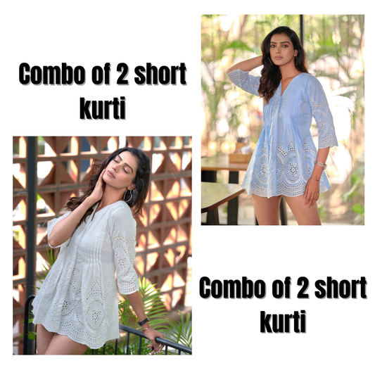 Combo of 2 Short Kurtis Tunics (White & Blue)