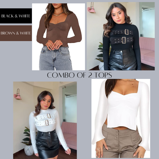 Combo Of 2 Women's Fashion Crop Solid Long Sleeve Basic Top