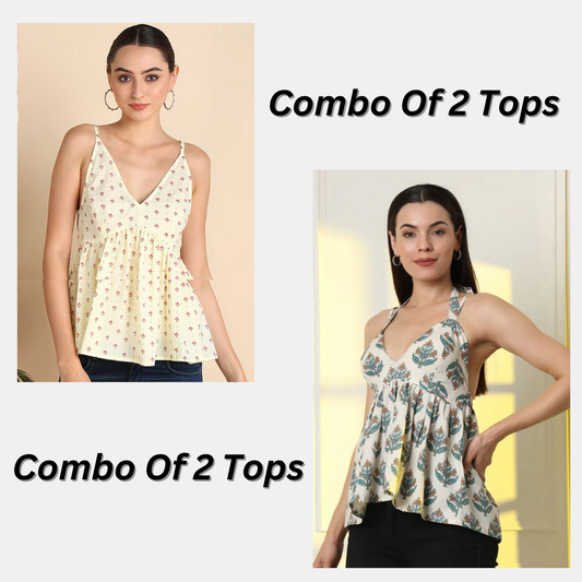 Combo of 2 Ethnic Motifs Printed Halter Neck Gathered Cotton Peplum Top