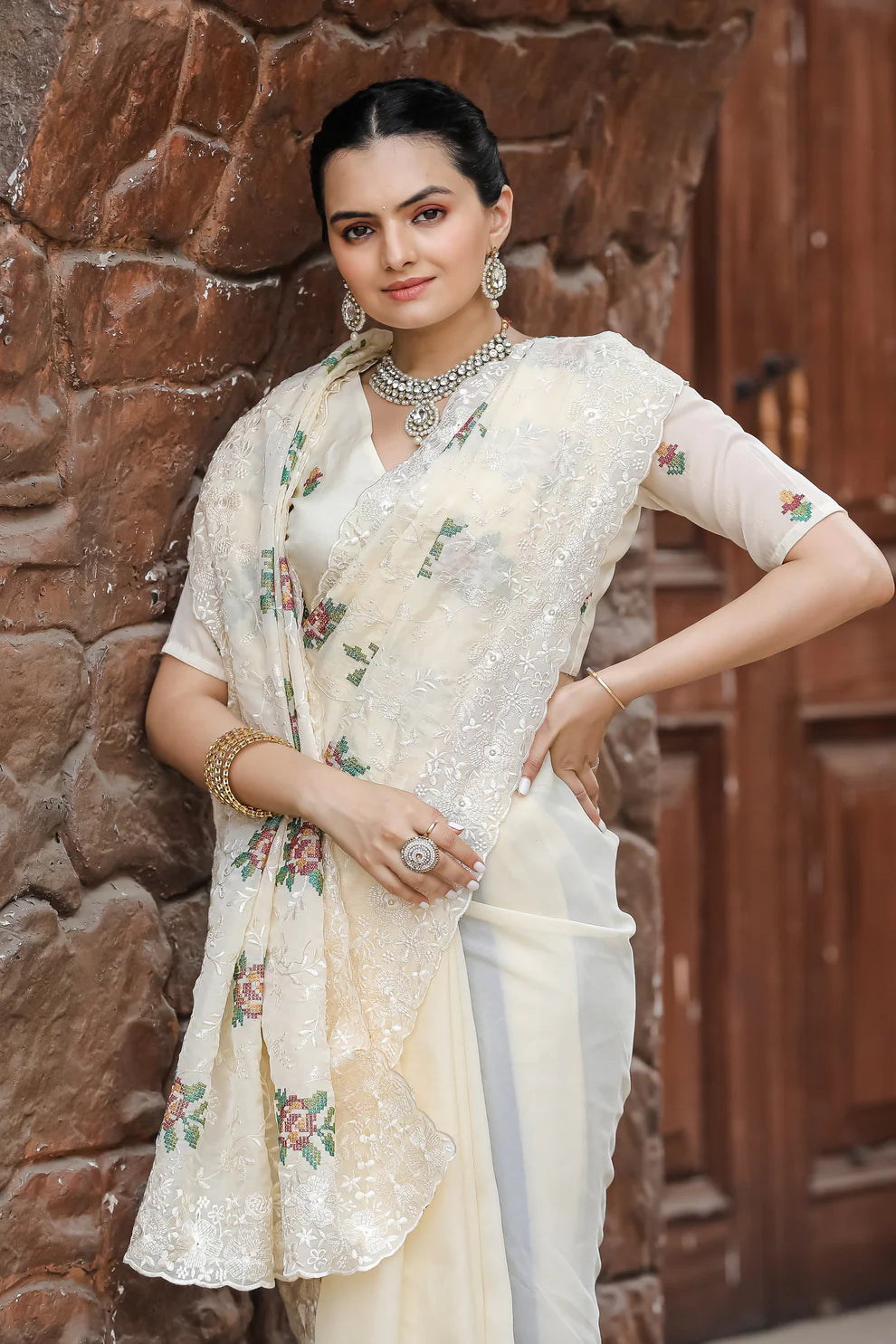 Beautiful All Over Work Chiffon Cream Color Saree