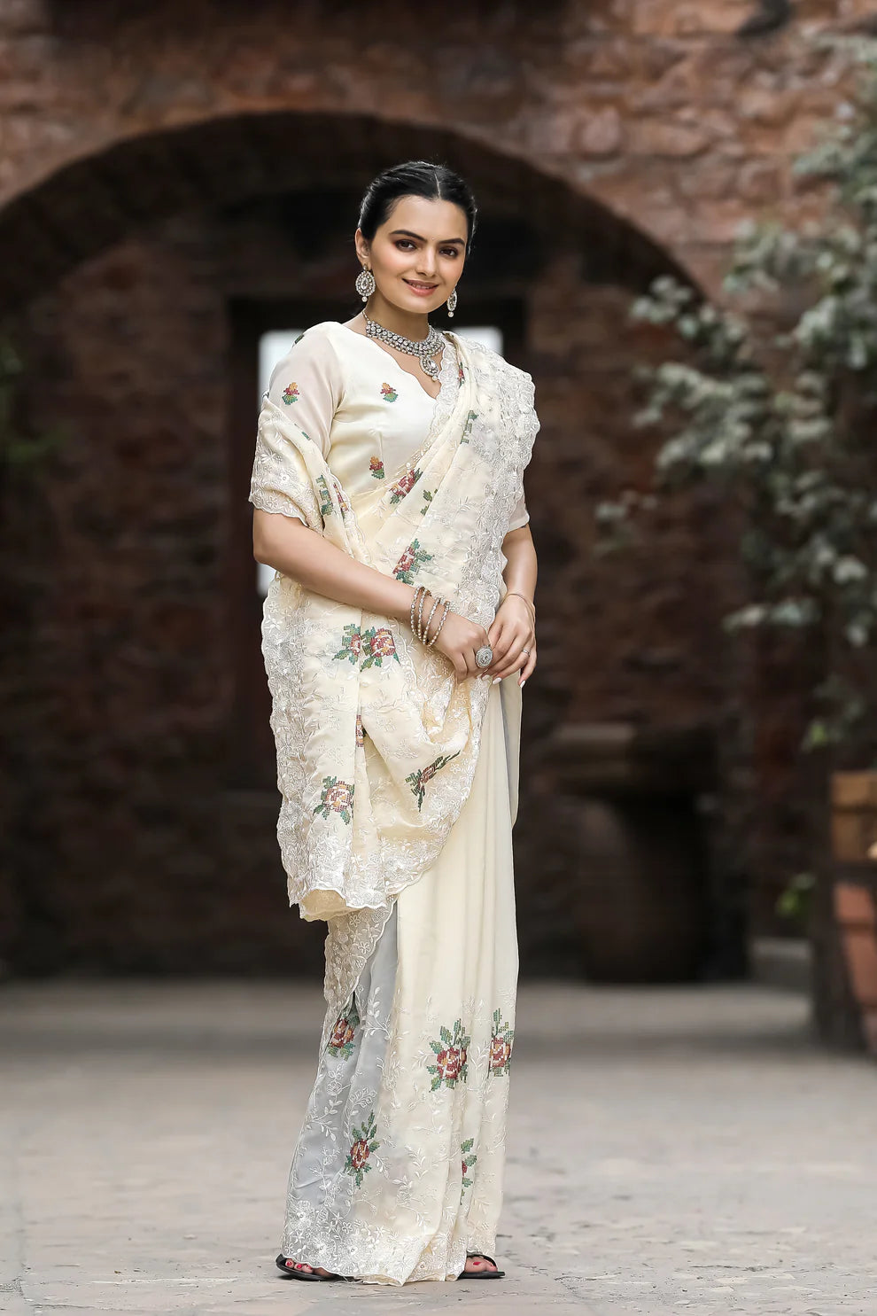 Beautiful All Over Work Chiffon Cream Color Saree