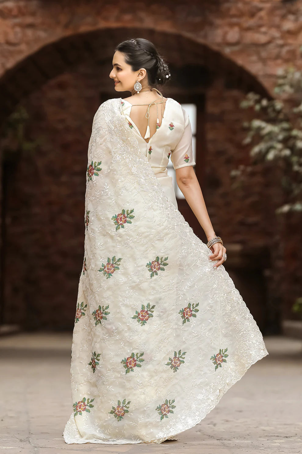 Beautiful All Over Work Chiffon Cream Color Saree