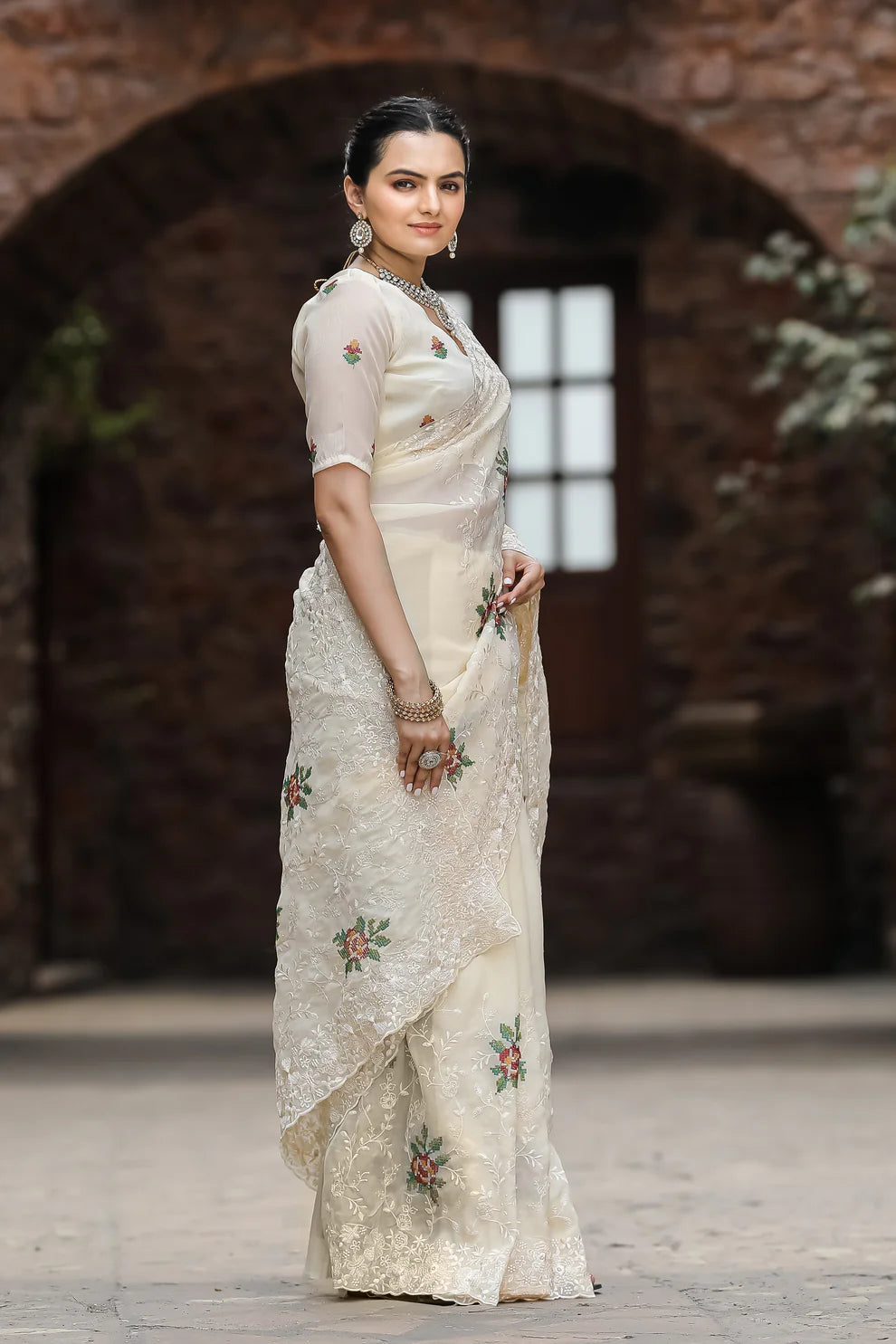 Beautiful All Over Work Chiffon Cream Color Saree