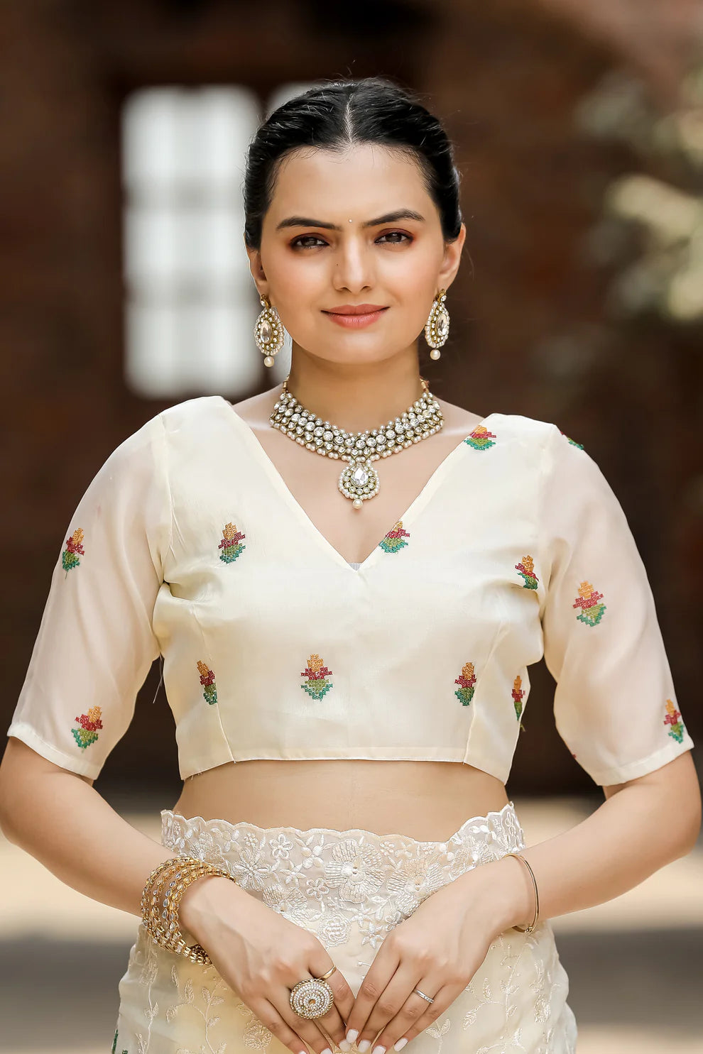 Beautiful All Over Work Chiffon Cream Color Saree