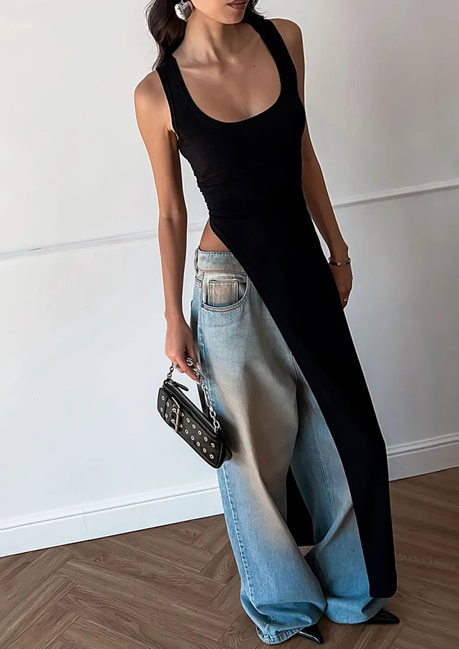 Black Diagonal-Hem Maxi Top