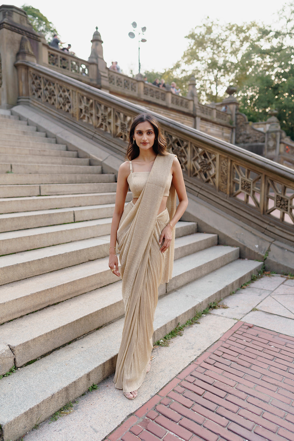 Golden Draped Saree with Crystal Embellished Cape