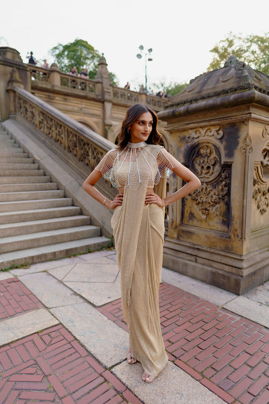 Golden Draped Saree with Crystal Embellished Cape