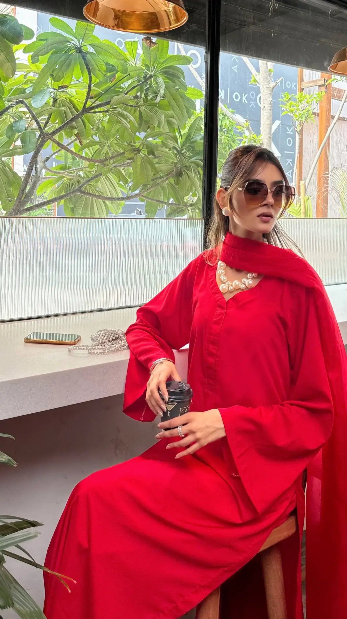 Laila Set in Red in Eastern Fit