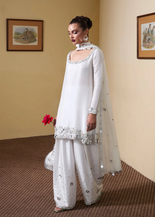 Swan White Pure Raw Silk Shalwar Kameez Suit