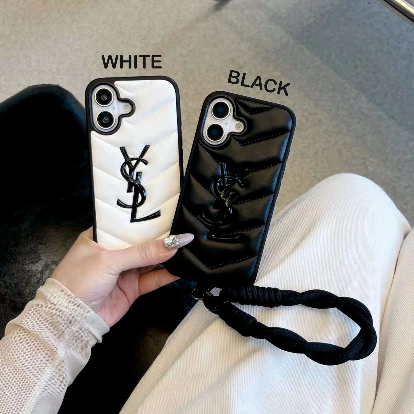 Combo of 2 Luxury Branded Leather Fluff Case for iPhone With String Holder