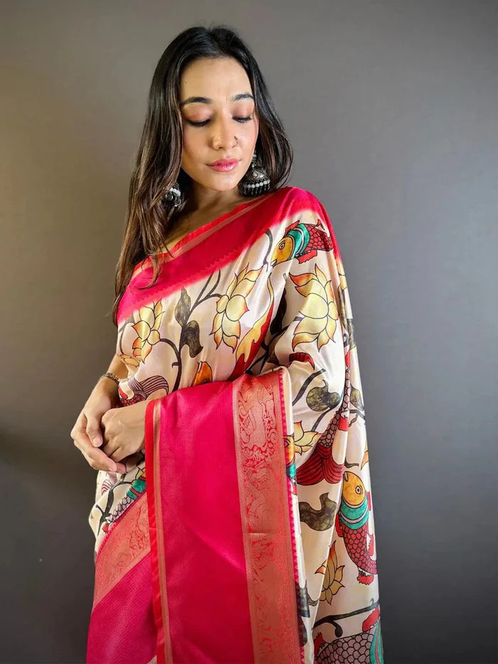 Ivory Silk Symphony Kalmkari Sare