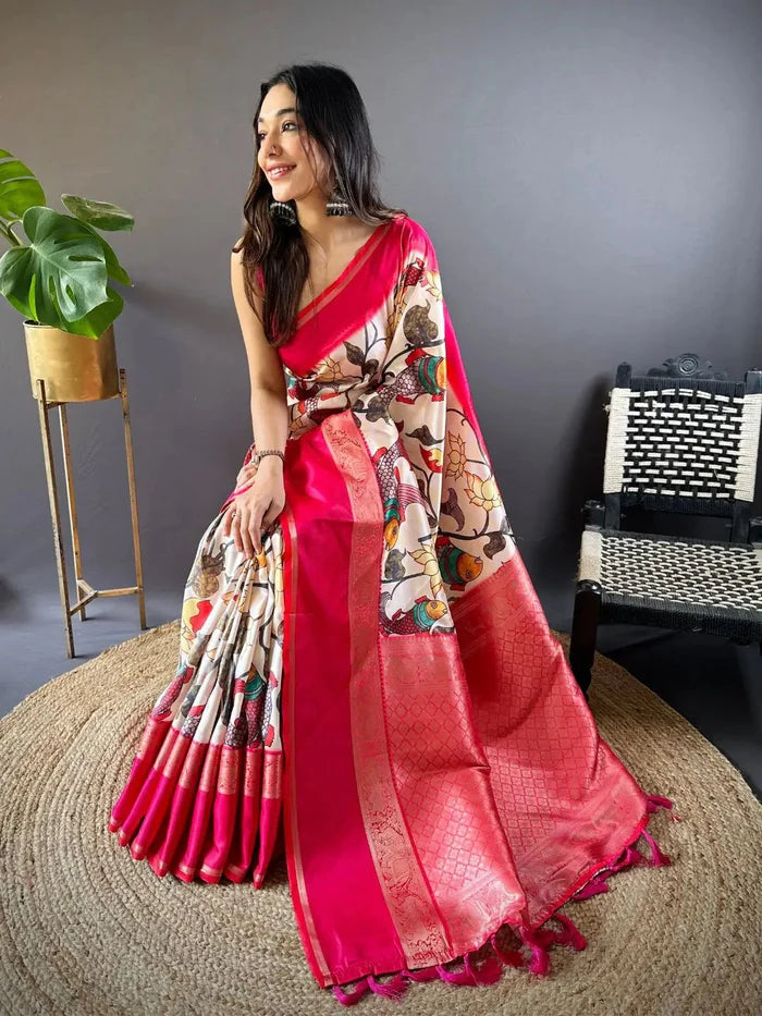 Ivory Silk Symphony Kalmkari Sare