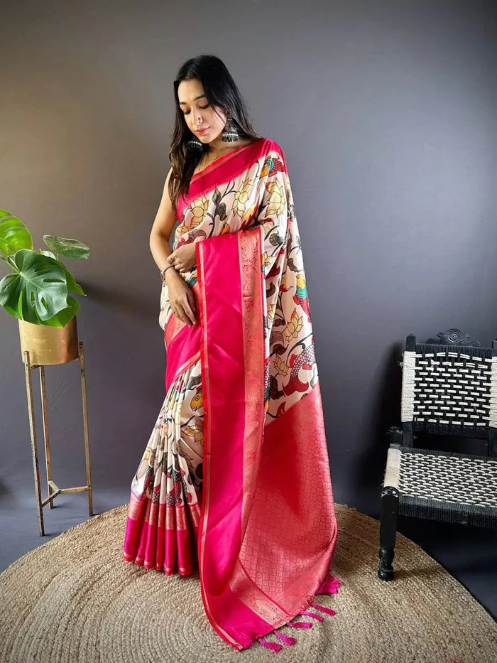 Ivory Silk Symphony Kalmkari Sare