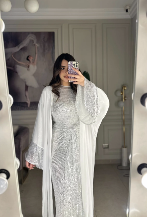 Shinning Girl Chiffon Sequins Kaftan - Off White