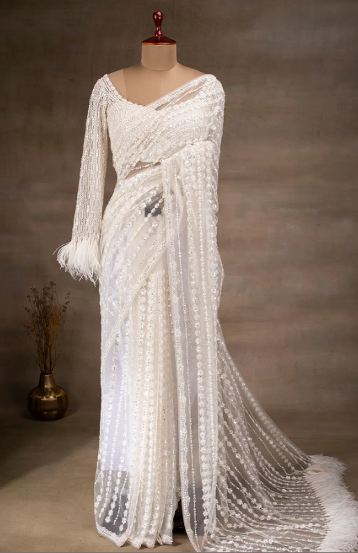 Pearl Mirage: Sequined White Net Saree with Ready-to-Wear Blouse – GJ3162